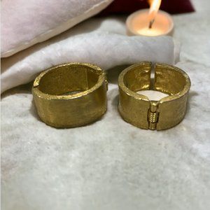 Gold-Toned Clip-On Earrings, Flat, Wide Hammered Metal Hoops, Small, Hinged